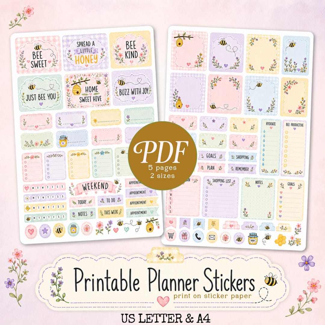 Printable Bee Planner Stickers, Spring Journal Elements, Junk Journal ...