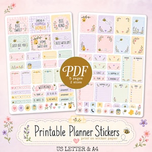 May include: Printable planner stickers with bee and floral designs in pastel colors. Includes various labels with phrases like "Bee Sweet" and "Just Bee You." The stickers are available in US Letter and A4 sizes.
