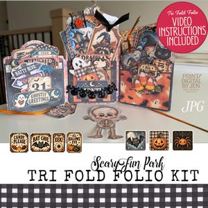 May include: A tri-fold folio kit featuring Halloween-themed paper crafts with illustrations of ghosts, pumpkins, bats, and skeletons. The kit includes various tags, pockets, and square cards with text like "Ghostly Greetings," "Bat Cave," and "Candy Please."