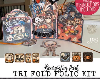 Scary Fun Park Tri Fold Folio Kit, Halloween Junk Journal Printable (Digital Download)