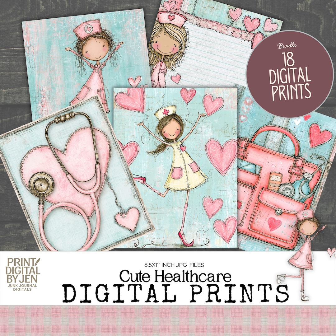 Whimsical Doodle Nurse Digital Prints, Healthcare Digital Kit, Junk ...