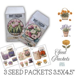 Pacotes de sementes de jardim vintage, itens efêmeros, kit de diário de lixo para impressão, etiquetas florais botânicas, diário de lixo para impressão, flores de corte sofisticadas