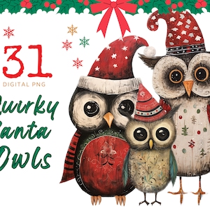 Quirky Santa Owls png Clipart & Junk Journal Paper Bundle, Whimsical Characters, Commercial Use, Digital Download, Junk Journal Printables