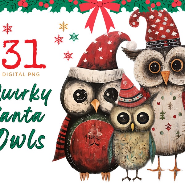 Quirky Santa Owls png Clipart & Junk Journal Paper Bundle, Whimsical Characters, Commercial Use, Digital Download, Junk Journal Printables