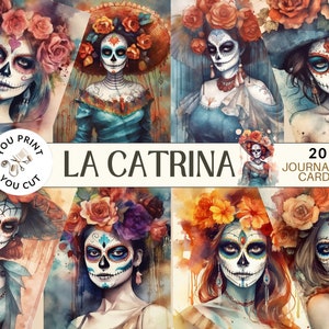 La Catrina Junk Journal Cards, aquarelle Dia de Los Muertos de 20 cartes pour journalisation numérique et ATC avec décor de fleurs