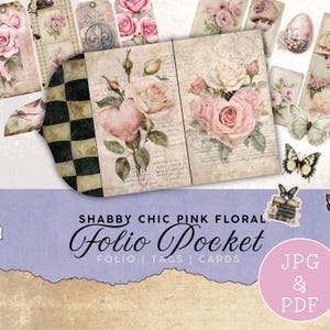 Shabby Chic Junk Journal folio, Pink floral junk journal folio, trifold pocket ephemera, printable scrapbook kit, shabby grunge lover, gift