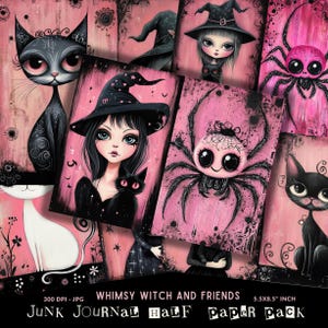 Demi-papiers du journal indésirable sorcière, journal indésirable d'Halloween, Halloween rose, gothique rose, techniques mixtes, imprimable pour Halloween, journal indésirable, fantaisiste