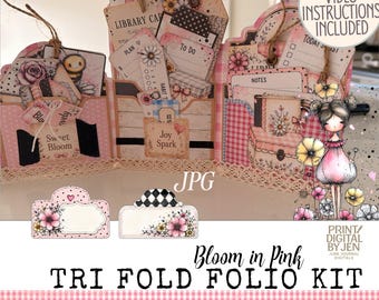 Pink Floral Junk Journal Folio Kit | Vintage Tri Fold Pockets (Digital Download)