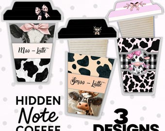 Lustige Kuh Kaffeetasse versteckte Notiz, Junk Journal Printable (3er Set)
