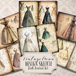 Vintage jurk ontwerp Sketch Junk Journal Kit, plakboek, tijdschriftenlabels en kaarten, antieke mode afdrukbare junk Journal