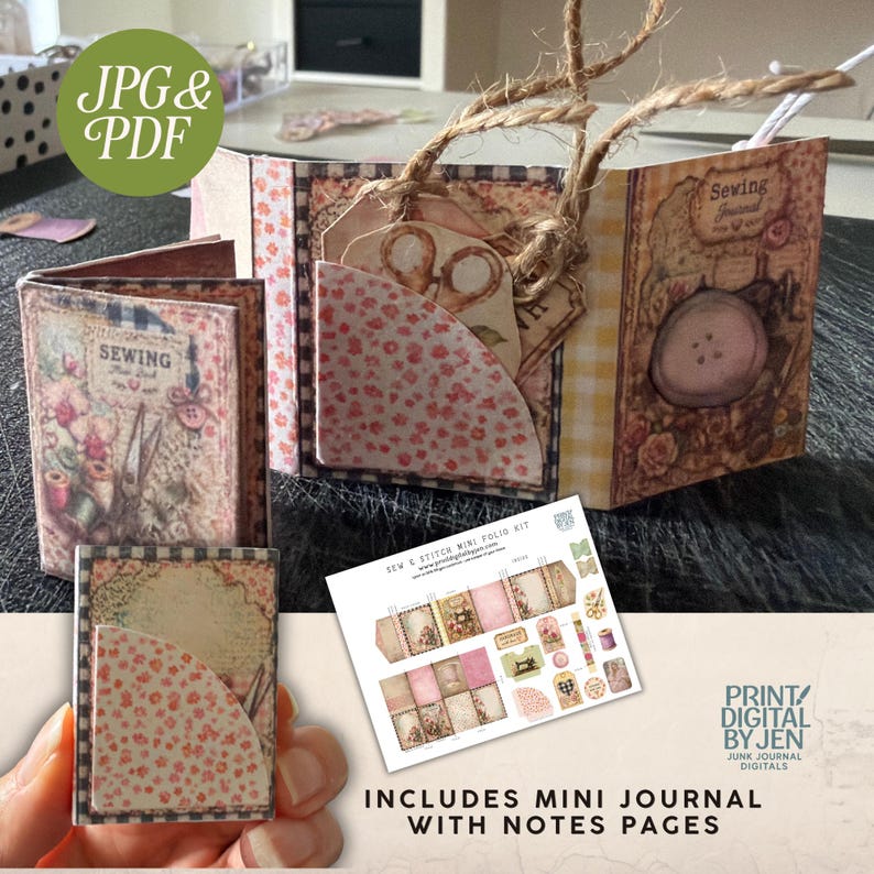 Mini Journal Notes Sew and Stitch Junk Journal Mini Folio Kit – Printable Vintage Floral ...