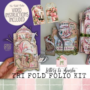 May include: A Letters to Santa tri-fold folio kit featuring decorative paper elements with illustrations of Santa Claus, reindeer, and Christmas gifts. The kit includes tags, envelopes, and cards with festive text like Merry and Bright.