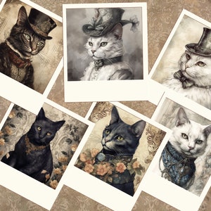 May include: A collection of six vintage-style photographs featuring cats wearing hats and accessories. The cats are all different breeds and colors, and they are all looking at the camera. The photos are in black and white and have a sepia tone.