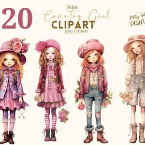 Clipart di ragazza di campagna rosa, download digitale, file PNG, ragazze, diario spazzatura, scrapbooking, creazione di cartoline, abbellimenti, grafica Planner
