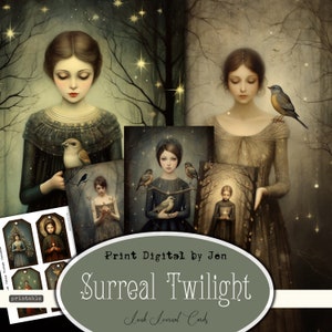 Pacote de cartões de diário de Natal vintage surreal crepúsculo, etiquetas, cartões ATC, colagem de fotos de Natal, cartões para impressão, decoupage de Natal