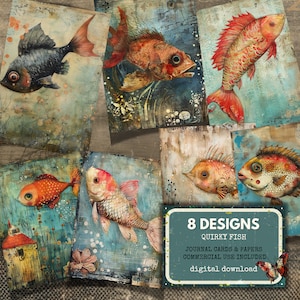 Peixes Grunge peculiares, papéis de diário exclusivos, folhas de colagem de peixes, suprimentos para álbuns de recortes oceânicos imprimíveis, criação de cartões, download digital atc