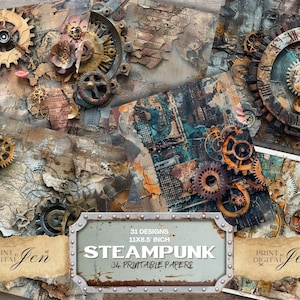 Páginas de diario Steampunk, papel industrial digital, imprimible industrial, papeles con fondo oscuro y sucio, kit de papel digital de 28 x 21,6 cm