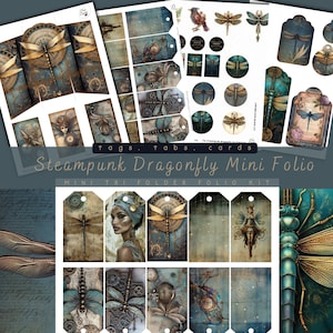 Steampunk Dragonfly Junk Journal Folio imprimible, Folio de carpeta de bolsillo plegable, Mini Trifold Folio Journal Ephemera, Imprimible, Digi Descargar
