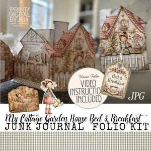 Peut inclure: Un kit de folio pour journal créatif sur le thème d'une maison de jardin. Il comprend des pages en forme de maison, une enseigne Bed & Breakfast, un personnage avec un arrosoir et une scène de chambre. Texte inclus Print Digital By Jen.