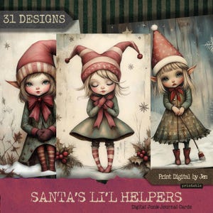 Ongewenste dagboekpagina's van Santa's Elves, afdrukbare papieren voor scrapbooking en kaarten maken, digitale collage-ephemera, Santa's little helpers xmas