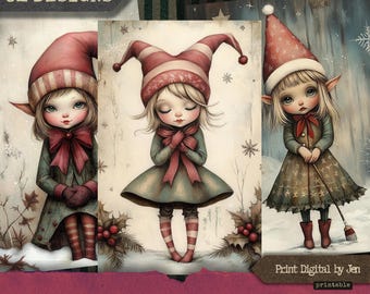 May include: Three digital printable cards featuring illustrations of elves with red and white striped hats, red bows, and green and brown outfits. The text "SANTA'S LI'L HELPERS" is at the bottom of the cards.  Print Digital by Jen is at the top of the cards.