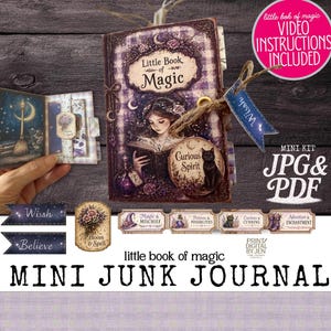 Może przedstawiać: Mini zestaw dziennika śmieciowego o tematyce fantasy. Okładka dziennika przedstawia kobietę czytającą książkę, czarnego kota i słowa "Little Book of Magic". Zawiera tagi ze słowami "Wish" i "Believe".