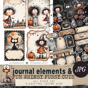 May include: A digital collage sheet featuring Halloween-themed journal elements and fussy cuts, including illustrations of characters, pumpkins, a black cat, ghosts, and labels with text like 'SPOOKY', 'HAPPY HALLOWEEN', 'ADMIT ONE', and 'TRICK OR TREAT'.