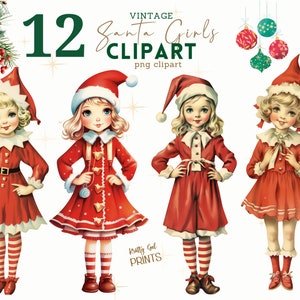 Vintage Christmas Girls Clipart: PNG Illustrations (Digital Download)