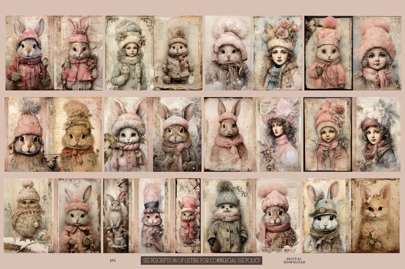 Bunny Junk Journal Kit, Vintage Bunny, Rabbit, Bunny in Winter Hat ...