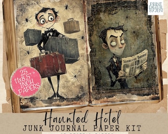 May include: A digital junk journal paper kit with a haunted hotel theme. The open book features illustrations of a cartoon man with suitcases and another reading a newspaper. The kit includes 25 digital papers, each 11x8.5 inches.