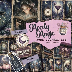Mond Magie Junk Journal Kit, Celestial, Magische Gothic Fantasy Digital Download Lunar Papier Mondlicht wunderlichen Wald, Apotheker, witchy