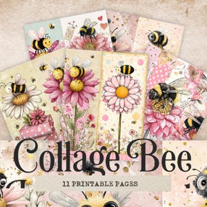 Op de afbeelding: Een verzameling van 11 afdrukbare pagina's met het thema "Collage Bee". De pagina's tonen illustraties van bijen op bloemen, met roze en gele accenten. De ontwerpen omvatten madeliefjes, cadeaus en decoratieve elementen.