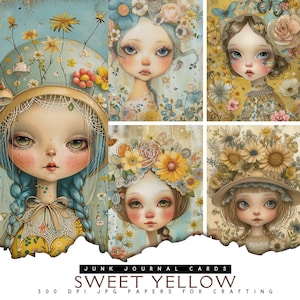 Yellow Floral Girl Junk Journal Pages: Ephemera Collage Sheets (Digital Paper)