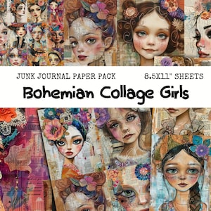 Papiers techniques mixtes boho Collage Girl Junk Journal cartes et pages, papiers imprimables filles originales, éphémères fantaisistes, feuilles de collage, cartes ATC