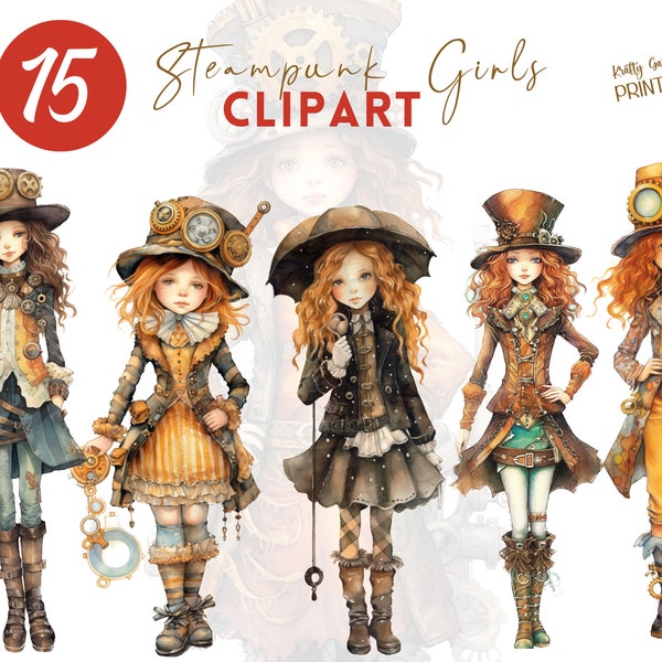 Steampunk Girls Clipart PNG, Junk Journal Ephemera, Pegatinas, Scrapbooking, Descarga Digital, Uso Comercial