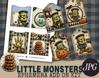 Little Monsters Ephemera Add On Kit, Halloween Junk Journal Elements, Tags, & Pockets