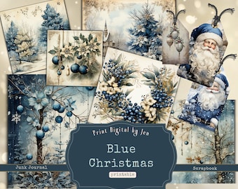 Blue Christmas Junk Journal Paper, Vintage Holiday Paper, Scrapbook Paper Bundle, Tags, Xmas Collage Paper, Digital Download Decoupage Paper