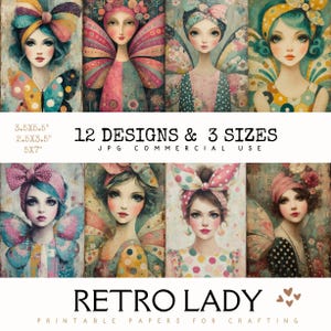 Cartões de diário Retro Lady Junk, itens de diário, ATC, download digital, folha de colagem, kit digital, papel para impressão, etiquetas para impressão