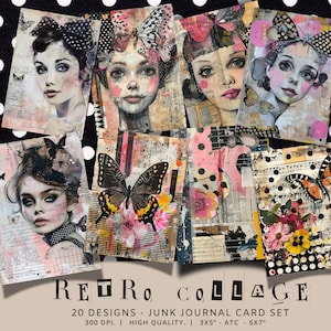 Tarjetas de diario con collage de chica retro y mariposas, papel surrealista peculiar, arte digital rosa caprichoso, hojas de collage, descarga instantánea, tarjeta ATC