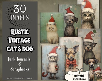 Rustic Vintage Dog & Cat Christmas Journal Pages Bundle, Junk Journal Paper, Digital Download, Scrapbooking, Quirky Holiday Digital Paper