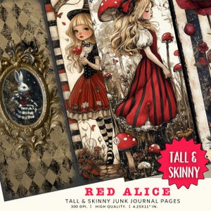 Trousse de carnets fins, grandes et fines pages numériques, fournitures créatives pour travaux manuels en papier imprimables, étiquettes AIW, carnet rouge Alice grande et fine