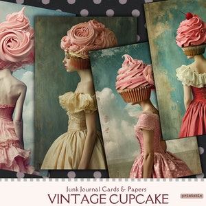 Shabby Vintage Cupcake Ladies Junk Journal Cards & Papers, imprimíveis para scrapbook, suprimentos para artesanato em papel imprimível, itens efêmeros para scrapbook, rosa