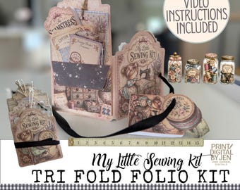 My Little Sewing Kit Tri Fold Folio,  JPG Printable Digital Download DIY Homemade Craft