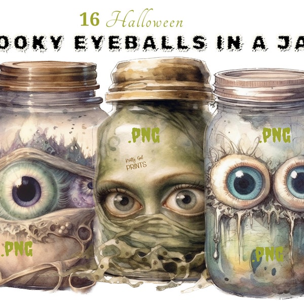 Eyeballs  in a Jar, Watercolour Halloween Jars clipart bundle, spooky clipart, creepy clipart, bell jar clipart, scrapbooking, paper crafts