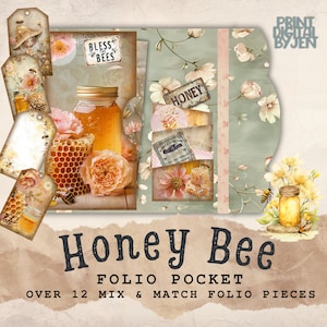 May include: A digital art composition featuring a honey bee theme. It includes a jar of honey, honeycomb, tags, and a folio pocket with floral and bee illustrations. The color palette is soft, with shades of yellow, pink, and green.