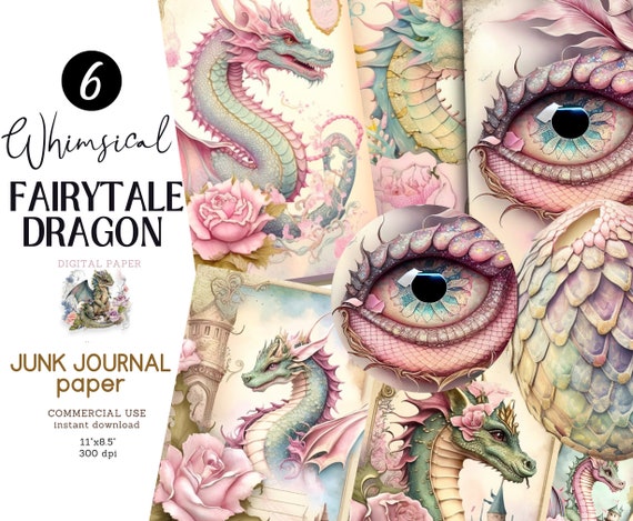 Fantasy Dragon Junk Journal Kit: Pastel Watercolor Fairytale Pages (Digital Download)