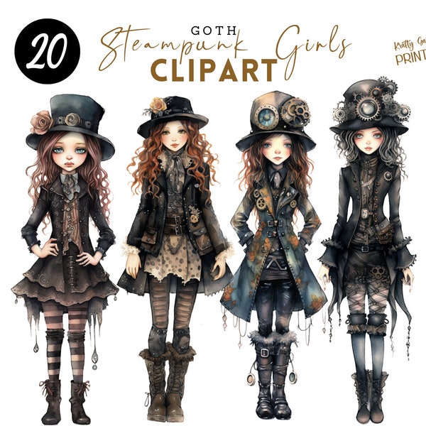 Watercolor Goth Steampunk Girls Clipart, Gothic Fantasy PNG Digital Image Downloads for Card Making, Scrapbook, Junk Journal, & Paper Crafts