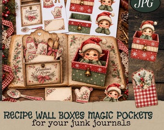 Grandma's Kitchen Christmas Junk Journal Kit, Recipe Boxes, Illusion Pockets (Digital Download)