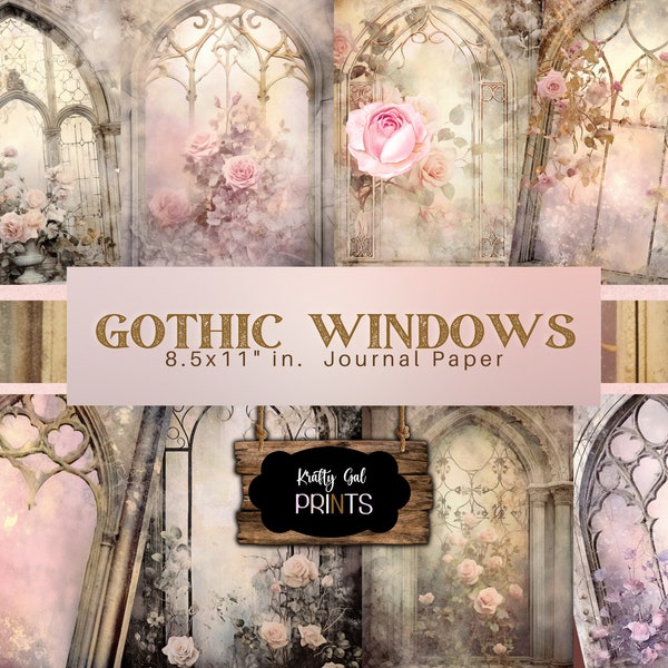 Gothic Shabby Vintage Style Window, Pastel Floral Printable Junk Journal Ephemera Pages Digital Scrapbooking Papers, Collage, Commercial Use