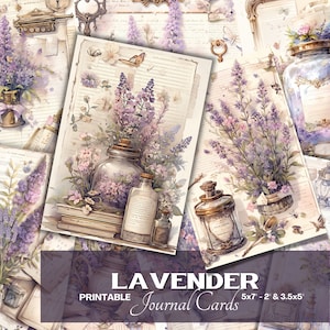 Cartões de diário rústicos de lavanda, cartões de diário para impressão em papel digital, download digital de scrapbooking, itens efêmeros, artesanato, folhas de colagem